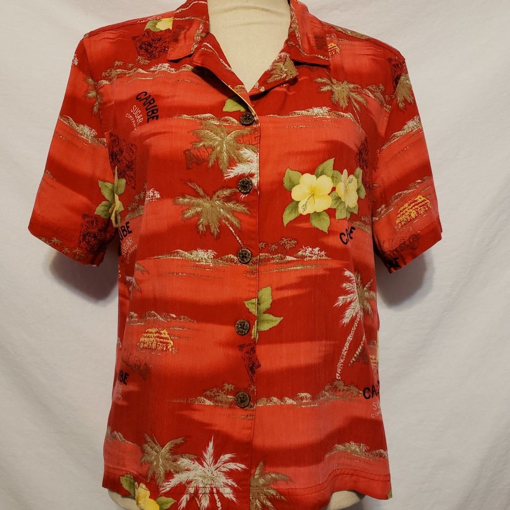 Island Traders Women's Floral Hawaiian Shirt Red Yellow Large L